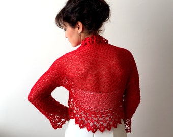 Crochet bolero shrug, red bolero, bridal jacket, wedding cardigan, knitted red shrug, lace shrug, 3/4 sleeves, red shrug, fast shipping