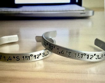 Coordinates Cuff Bracelet, Hand Stamped, Aluminum bracelet, Aluminum Cuff Bracelet, Hand Stamped Jewelry