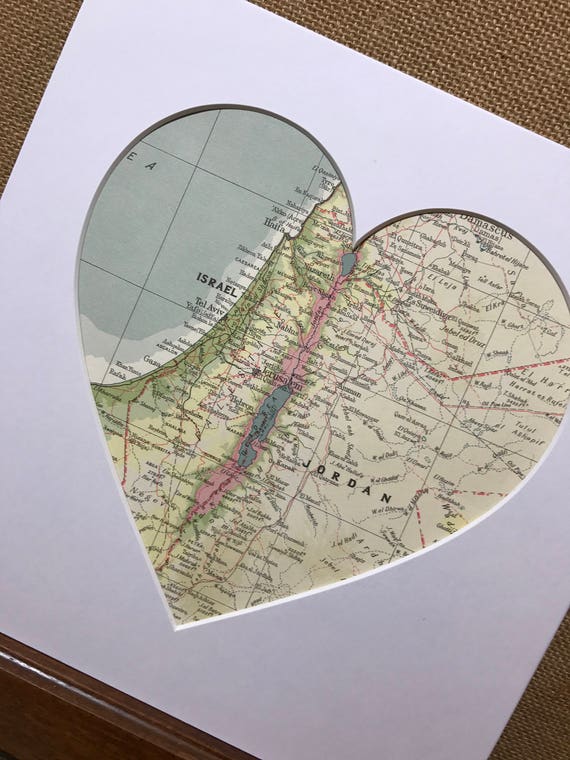 LOVE JERUSALEM - Heart Mount Vintage Atlas / Mall Wall Art - Country Town City - Vintage Atlas Pages - Custom Made To Order
