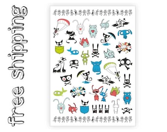 Temporary tattoos set «Cartoons» with funny kawaii animals bear, cat, bunny, skulls kids body stickers. Party bag supply. TA057