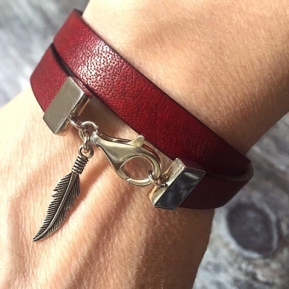 Deep Red Charm Bracelet Feather Charm Bracelet Red Bracelet