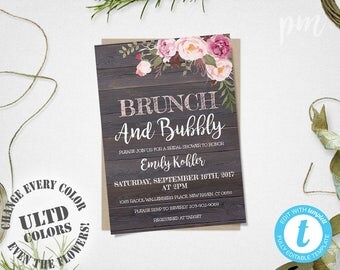 Brunch & Bubbly Rustic Floral Bridal Shower Invitation Template, Printable Brunch and Bubbly Invitation, Instant Download
