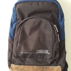 Vtg 90s Nike Backpack Blue Bookbag Suede Leather 17x13