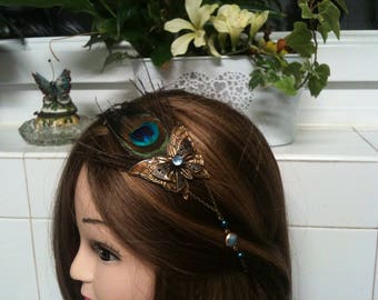 Hedband shabby bronze plume de Paon,cristal Swarovski,pierre de gemme Agate,butterflye/serre tete e plume de Paon, pierre Agate,Cristal
