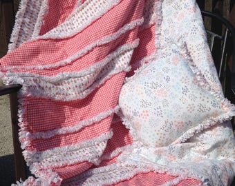 Baby Quilt Handmade. Floral and Coral Plaid Rag Quilt. Crib size homemade quilt for girl. Baby Blanket. All 100% cotton fabrics.