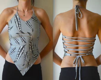 Pixie top feather halter fairy hippie clothes psytrance boho tribal clothing Burning Man yoga top festival elven backless psy summer