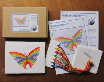 Rainbow butterfly cross stitch kit, modern embroidery kit, make your own craft, summer gift, needlework - includes full instructions