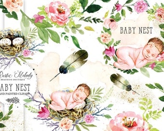 Baby Clipart, Newborn Clipart, Nest Clipart, Floral clipart, Feather Clipart, Cute baby Clipart, watercolor clipart