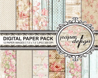 Scrapbook, shabby chic, roses, "digital paper pack", wood, printable background, scrapbooking, paper, #05