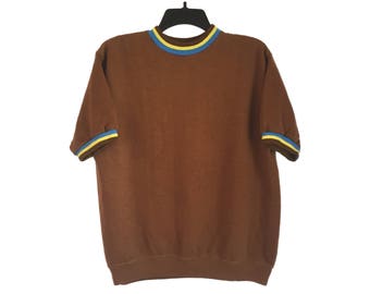 Vintage 70's Creslan Striped Sleeve/Collar Brown Short Sleeve Sweatshirt Medium/Large FREE SHIPPING