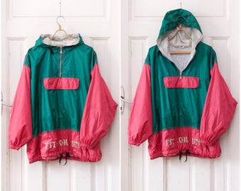 80s Windbreaker 90s Ski Jacket Womens XL Pullover Anorak Kangaroo Pocket Hoodie Green Pink Colorblock Windbreaker Mens Large Sports Jacket L