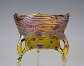 Yellow Glass Bowl. Hand Blown Iridescent Art Glass. Bohemian Art Glass.