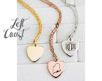 Maine State Necklace Heart Pendant Personalized Hand Stamped Gift Mom Mother Engraved Initials Monogram Rose Gold Silver Ships Fast