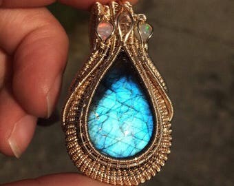 Labradorite, Herkimer Diamond, and Ethiopian Opal Wire Wrapped Pendant