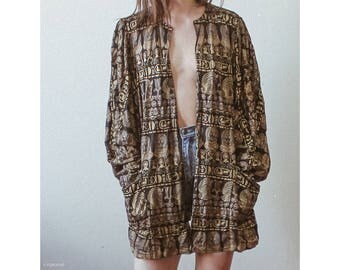 Vintage bohemian egyptian jacket with gold metallic print / Boho bohemian overcoat kimono cardigan minimal gypsy
