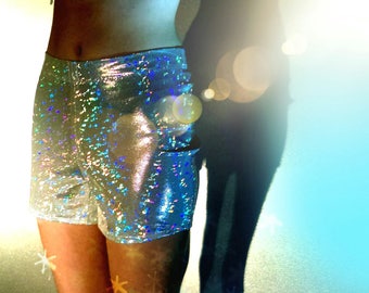 Holographic silver booty shorts, festival, roller derby, hot pants
