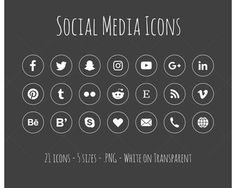 Social Media Icons - 21 icons in 5 sizes, PNG files, white social media icons
