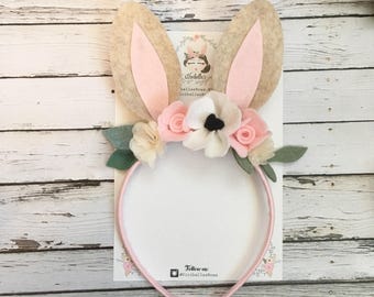 Woodland Headband, Some Bunny is One , Bunny Ears- Bunny Headband- Woodland Bunny Birthday - Woodland Animal Headband - Felt Flower Bunny
