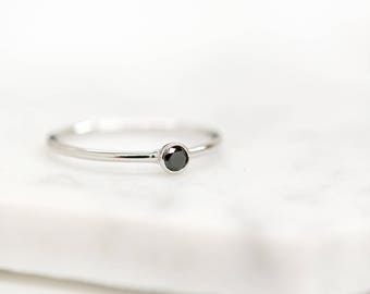 Black Diamond Ring, 14k Gold Black Diamond Stacking Ring, Bezel Set Black Diamond Ring Band, .07ct Solitaire Black Diamond Ring, Dainty Ring
