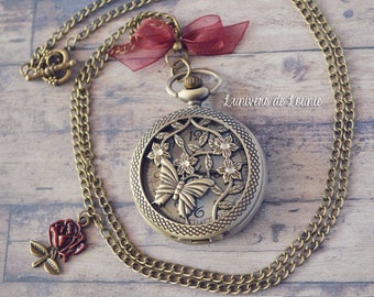 Pink red Butterfly watch necklace