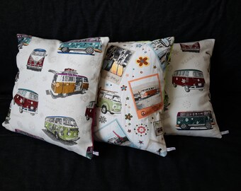 Large cushion cover with multicolored vintage vw combi patterns on gray background