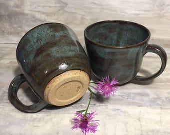 His/Her Coffee Cup Set in Teal and Chocolate