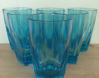 Vintage Turquoise Blue Glass Tumblers Set of Six Retro Drinkware Sixties Chic Iced Tea Glasses Collectable Glassware