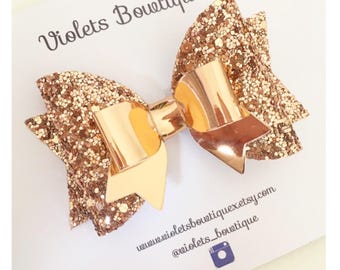Rose Gold Glitter Bow, Rose Gold Hair Bow, Rose gold headband, Baby headband, Glitter Bow headband
