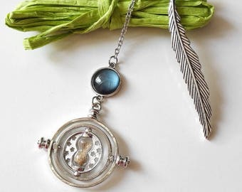 Label Page Harry Potter feather Hermione Granger the Turner of time Time Turner silver cabochon blue geek gift idea