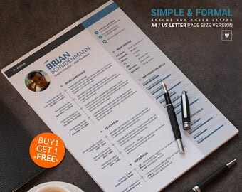 Professional Resume Template, Instant Download, CV Template Word, Professional CV Design, 1 Page Curriculum Vitae with 2 Cover Letter Layout
