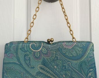 Vintage MM Morris Moskowitz handbag clutch paisley print fabric gold chain, mint