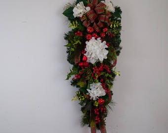 Christmas teardrop swag, Christmas door swag, hydrangea and fruit swag, Christmas wreath, Front door swag, Pine and fruit swag, large swag