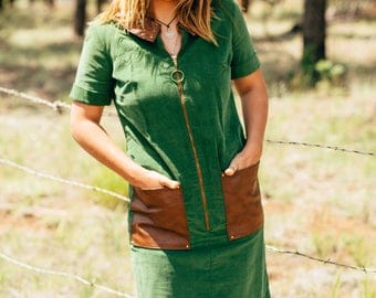 Green Corduroy Dress w/ Brown Pockets