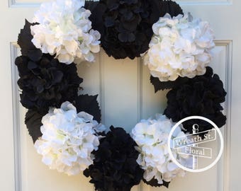 Hydrangea Wreath, Front Door Wreath, Black White Wreath, Grapevine Wreath, Wreath Street Floral, Year Round Wreath, All Season Wreath