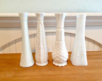 Vintage Milk Glass Vases Quilted and diamond pattern, wedding/ bridal shower