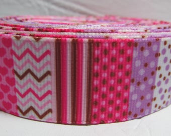 Grosgrain ribbon 7/8" pink and purple stripes, checks, zigzag sold by the yard