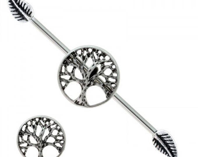 316L Surgical Steel Celtic Tree of Life Industrial Barbell with leaves