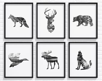 Animal Print Set 8x10", Deer Print, Deer Head, Bear Print, Nursery Print, Animal Print, Nursery Animal Art, Animal Poster, Nursery Decor
