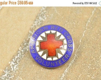 HUGE Sale Enamel American Red Cross Volunteer Round Pin / Brooch Sterling Silver 6.2g