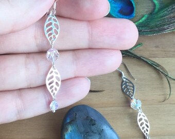 Leaves Earrings with Swarovski Crystals - Sterling Silver