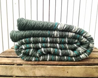 Blanket; Green striped wool blanket; wool sofa blanket; handwoven bed cover; woven bedspread