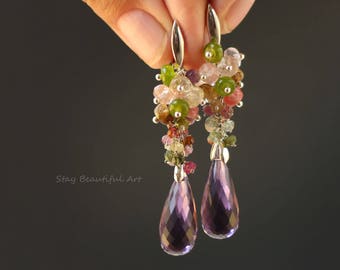 Amethyst Tourmaline Peridot Gemstone Earrings Amethyst Drop Earrings Silver Plated Ear Wires