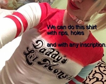 Harley Quinn Shirt Daddys Lil monster Harley Quinn Costume Handmade Painting Suicide Squad Harley Quinn Cosplay Custom design Party T-Shirt