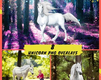 8 Unicorn Overlay, White Horse Overlays, Unicorns Transparent PNG, Magical Unicorn Fantasy, Photography Photoshop Overlay, Unicorn PNG