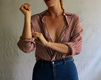 red and white silk button down / large