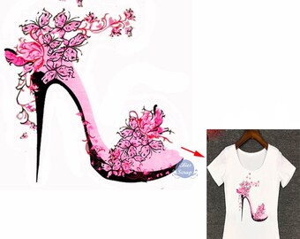 Fusible textile transfer pump and flowers High Heels Patches Iron On Transfers For Clothing 25cm