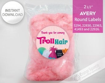 Trolls Cotton Candy - 2 1/2" Round Labels Printables on AVERY - INSTANT DOWNLOAD, Stickers, Trolls Hair, Trolls Party, Trolls labels