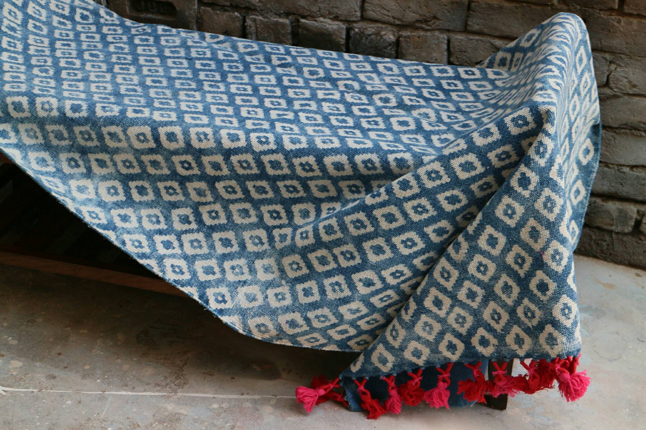 Handwoven Handmade Indigo Dhurrie Rug Pink Tassles PomPoms