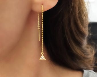 Triangle CZ Earrings. Sterling Silver Threader Earrings. Long Gold Chain Earrings. Dainty Drop Earrings