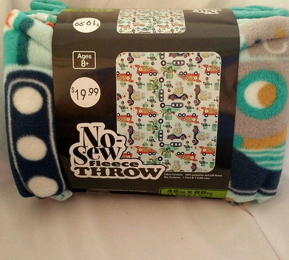 No Sew Fleece Throw Blanket Kit. Robots and Cars. 48 x